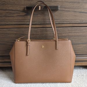 Tory Burch Emerson Large Double Zip Tote, Saffiano Leather, Moose Brown